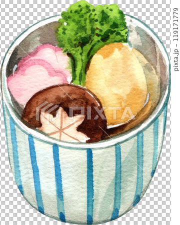 Simono clear soup with tofu, shiitake mushroom, naruto, broccoli, hand-drawn watercolor painting illustration Simono clear soup with tofu, shiitake mushroom, naruto, broccoli, hand-drawn watercolor painting illustration 119171779