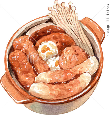 oden with mushroom in a hot pot japanese fish cake stew, japanese food, hand-drawn watercolor painting illustration oden with mushroom in a hot pot japanese fish cake stew, japanese food, hand-drawn watercolor painting illustration 119171783
