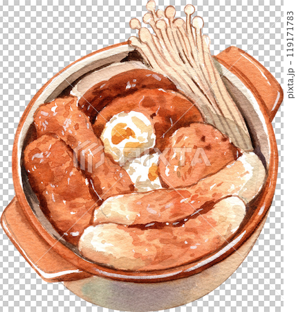 oden with mushroom in a hot pot japanese fish cake stew, japanese food, hand-drawn watercolor painting illustration oden with mushroom in a hot pot japanese fish cake stew, japanese food, hand-drawn watercolor painting illustration 119171783