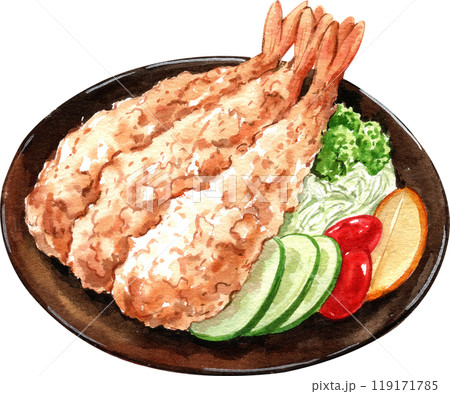 tempura shrimp, Ebi no tempura on. the bowl with vegetable, hand-drawn watercolor painting illustration tempura shrimp, Ebi no tempura on. the bowl with vegetable, hand-drawn watercolor painting illustration 119171785