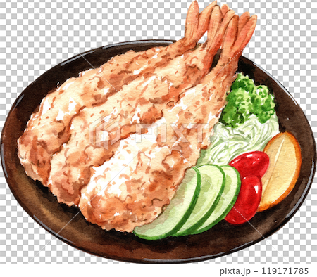 tempura shrimp, Ebi no tempura on. the bowl with vegetable, hand-drawn watercolor painting illustration tempura shrimp, Ebi no tempura on. the bowl with vegetable, hand-drawn watercolor painting illustration 119171785