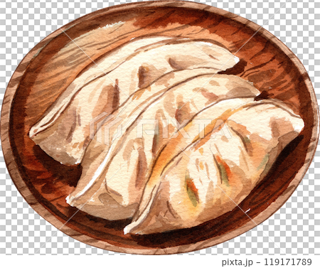 gyoza japanese fried dumplings on wooden tray, hand-drawn watercolor painting illustration 119171789