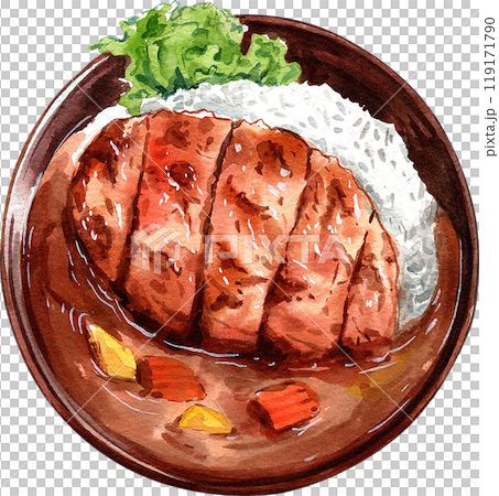 Pork Tonkatsu with japanese curry with rice have potato and carrot, hand-drawn watercolor painting illustration 119171790