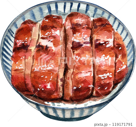 Unadon, Grilles eel on rice bowl, hand-drawn watercolor painting illustration 119171791