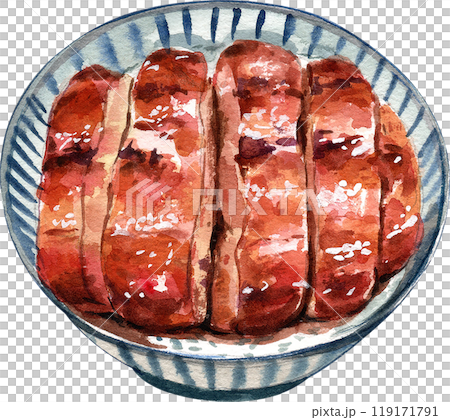 Unadon, Grilles eel on rice bowl, hand-drawn watercolor painting illustration 119171791