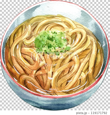 Udon noodle soup, kake udo japanese food, hand-drawn watercolor painting illustration 119171792