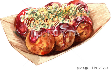 Takoyaki with mayonnaise  japanese food, hand-drawn watercolor painting illustration 119171793