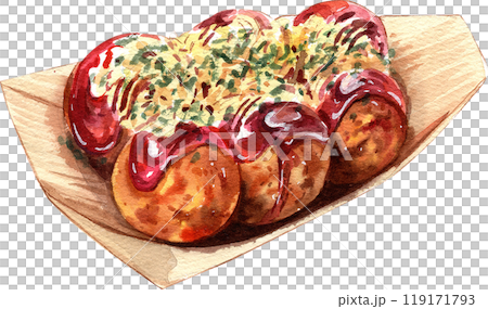 Takoyaki with mayonnaise  japanese food, hand-drawn watercolor painting illustration 119171793