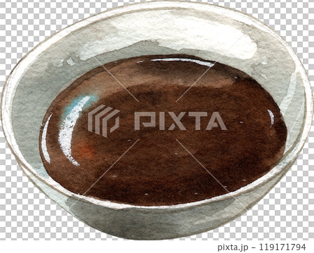soba tsuyu, soy suace japanese in ceramic cup, hand-drawn watercolor painting illustration 119171794