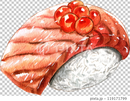 Grilled slamon sushi with ikura red caviar, japanese food,  hand-drawn watercolor painting illustration 119171799