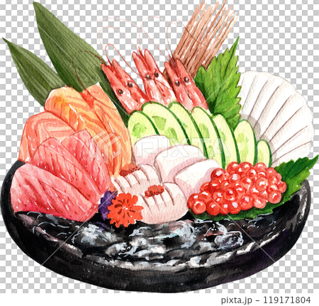 ocean sashimi, salmon, tuna, shrimp, engawa, japanese food, hand-drawn watercolor painting illustration ocean sashimi, salmon, tuna, shrimp, engawa, japanese food, hand-drawn watercolor painting illustration 119171804