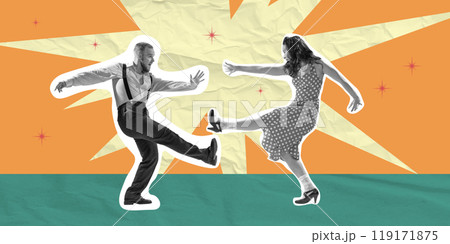 Lively atmosphere of retro party, young man and woman energetically dancing on abstract background. Contemporary art collage. Lively atmosphere of retro party, young man and woman energetically dancing on abstract background. Contemporary art collage. 119171875