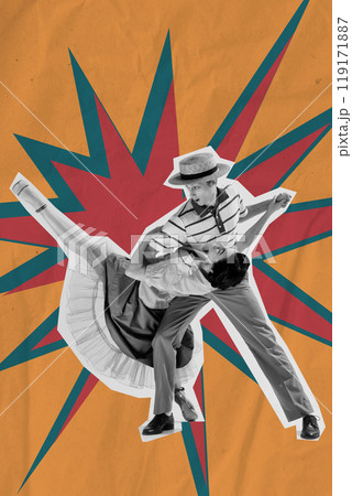 Stylish young couple, man and woman in motion, dancing on abstract colorful background with energy of retro swing dance. Contemporary art collage. 119171887