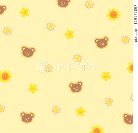 Cute pattern of teddy bear, flower, star, sun on pastel yellow background for animal print, wallpaper, backdrop, gift wrap, packaging, souvenir shop, summer fabric, pet clothes, paper design, card 119171897