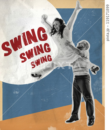 Dynamic image of energetic and emotional man and woman joyfully dancing swing on abstract colorful background. Contemporary art collage. Dynamic image of energetic and emotional man and woman joyfully dancing swing on abstract colorful background. Contemporary art collage. 119171899