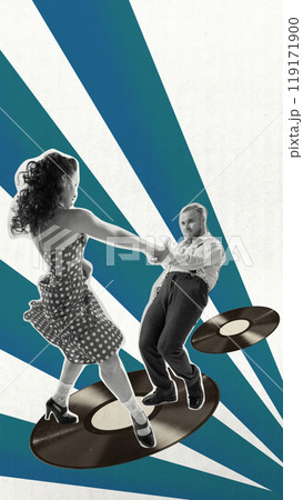 Passionate dancer, man and woman dancing on vinyl record against striped blue and white background. Contemporary art collage. Beat of a bygone era Passionate dancer, man and woman dancing on vinyl record against striped blue and white background. Contemporary art collage. Beat of a bygone era 119171900