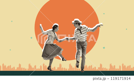 Joy of Lindy Hop. Happy young man and woman in retro costumes cheerfully dancing against light yellow background with abstract sun and city skyline. Joy of Lindy Hop. Happy young man and woman in retro costumes cheerfully dancing against light yellow background with abstract sun and city skyline. 119171914