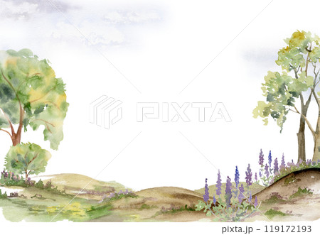 Scenery landscape of forest meadow rolling hills moorland, bushes flowers, lush green foliage tree, hand drawn in watercolor. Seamless banner for tourism, resort ads, hiking camping sites, vacation. 119172193