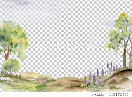 Scenery landscape of forest meadow rolling hills moorland, bushes flowers, lush green foliage tree, hand drawn in watercolor. Seamless banner for tourism, resort ads, hiking camping sites, vacation. 119172193