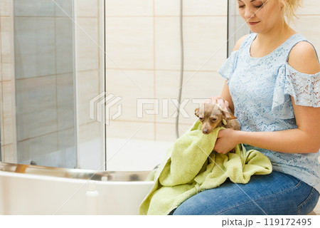 Woman drying dog after bath 119172495
