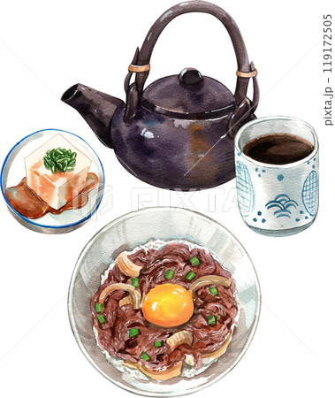gyudon beef rice bowl with york eeg, tofu with soy suace,vintage tea pot , drink japanese food, watercolor painting hand-drawn illustration gyudon beef rice bowl with york eeg, tofu with soy suace,vintage tea pot , drink japanese food, watercolor painting hand-drawn illustration 119172505