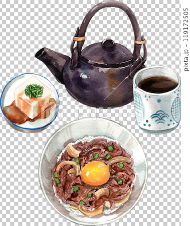 gyudon beef rice bowl with york eeg, tofu with soy suace,vintage tea pot , drink japanese food, watercolor painting hand-drawn illustration gyudon beef rice bowl with york eeg, tofu with soy suace,vintage tea pot , drink japanese food, watercolor painting hand-drawn illustration 119172505