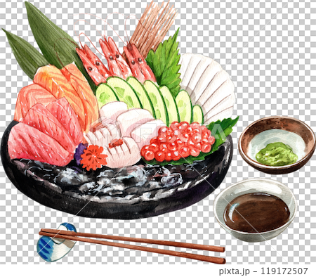 ocean sashimi big set, salmon, tuna, shrimp, engawa,ikura red caviar with wasabi and soy sauce Japanese food, watercolor painting hand-drawn illustration 119172507