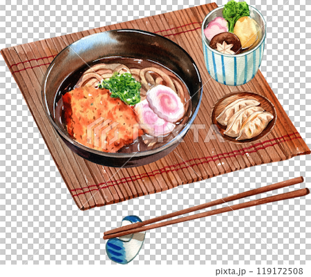 Udon pork katsu soyu, gyoza, simono clear soup Japanese food with chopsticks, watercolor painting hand-drawn illustration 119172508