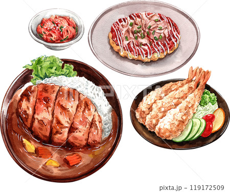 Pork tonkatsu with japanese curry, Shrimp Tempura, Okonomiyaki, pickled ginger, watercolor painting hand-drawn illustration Pork tonkatsu with japanese curry, Shrimp Tempura, Okonomiyaki, pickled ginger, watercolor painting hand-drawn illustration 119172509