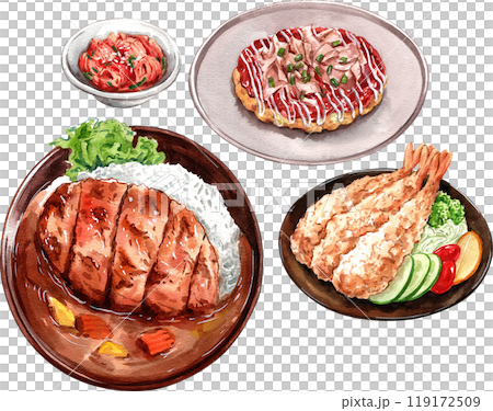 Pork tonkatsu with japanese curry, Shrimp Tempura, Okonomiyaki, pickled ginger, watercolor painting hand-drawn illustration Pork tonkatsu with japanese curry, Shrimp Tempura, Okonomiyaki, pickled ginger, watercolor painting hand-drawn illustration 119172509