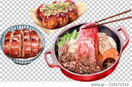 Unadon, Grilled eel, Sukiyaki, Takoyaki, watercolor painting hand-drawn illustration 119172510