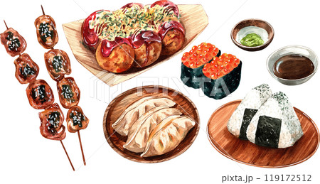 onigiri , takoyaki, gyoza, ikura, red caviar sushi, yakitori, japanese food, watercolor painting hand-drawn illustration 119172512