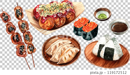 onigiri , takoyaki, gyoza, ikura, red caviar sushi, yakitori, japanese food, watercolor painting hand-drawn illustration 119172512