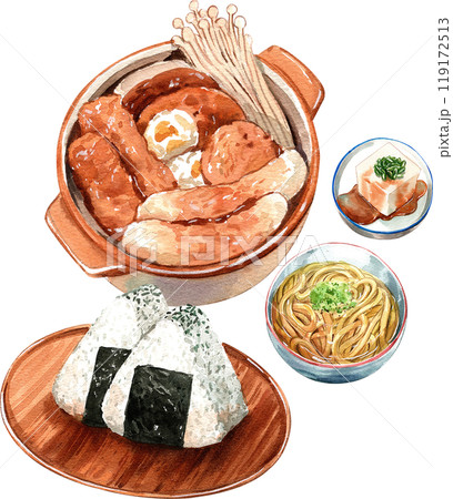 Oden with mushroom in a hot pot, udon noodle soup, onigiri rice, tofu with soysauce, with seaweed japanese food, watercolor painting hand-drawn illustration 119172513