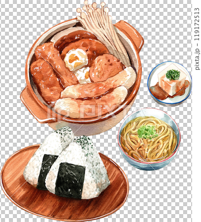 Oden with mushroom in a hot pot, udon noodle soup, onigiri rice, tofu with soysauce, with seaweed japanese food, watercolor painting hand-drawn illustration 119172513
