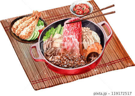 Sukiyaki , shrimp tempura, pickled ginger, watercolor painting hand-drawn illustration Sukiyaki , shrimp tempura, pickled ginger, watercolor painting hand-drawn illustration 119172517
