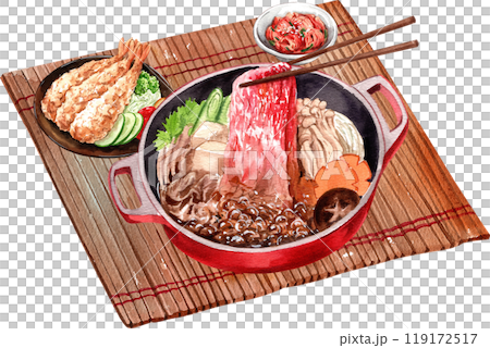 Sukiyaki , shrimp tempura, pickled ginger, watercolor painting hand-drawn illustration Sukiyaki , shrimp tempura, pickled ginger, watercolor painting hand-drawn illustration 119172517