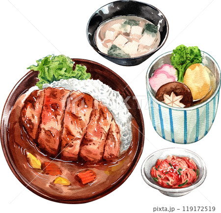 Pork tonkatsu with japanese curry with rice, simono clear soup, miso soup, pickled ginger, watercolor painting hand-drawn illustration 119172519