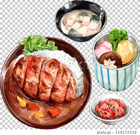 Pork tonkatsu with japanese curry with rice, simono clear soup, miso soup, pickled ginger, watercolor painting hand-drawn illustration 119172519