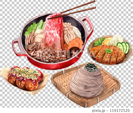 Sukiyaki, Takoyaki, Zaru Soba, chicken tonkatsu Japanese Food , watercolor painting hand-drawn illustration 119172520