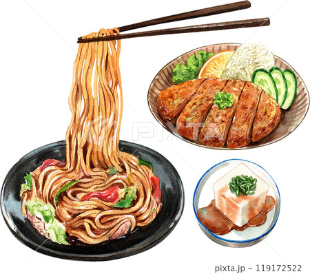 Yakisoba, Tonkatsu, hiyayakko tofu suace Japanese Food, watercolor painting hand-drawn illustration 119172522