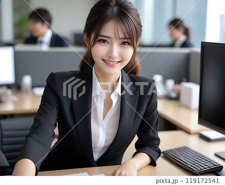 会社のデスクにいるビジネススーツを着た笑顔の若い美人な女性。AI生成 119172541