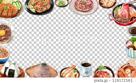 Traditional Japanese Cuisine food ,Assorted Dishes, watercolor painting hand-drawn frame design 119172561