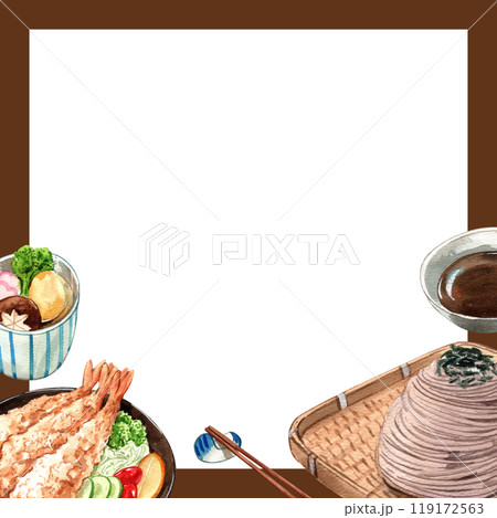 Traditional Japanese Cuisine food ,Assorted Dishes, watercolor painting hand-drawn frame design 119172563