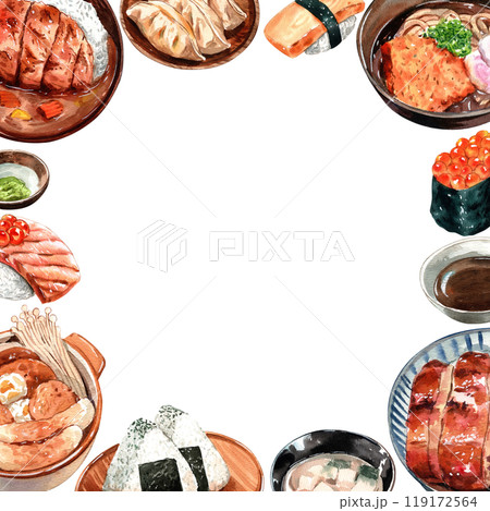 Traditional Japanese Cuisine food ,Assorted Dishes, watercolor painting hand-drawn frame design 119172564