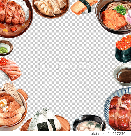 Traditional Japanese Cuisine food ,Assorted Dishes, watercolor painting hand-drawn frame design 119172564