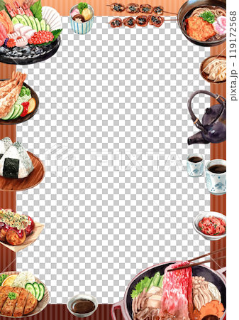 Traditional Japanese Cuisine food ,Assorted Dishes, watercolor painting hand-drawn frame design 119172568