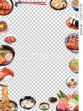 Traditional Japanese Cuisine food ,Assorted Dishes, watercolor painting hand-drawn illustration 119172570