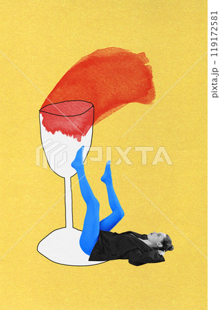 Poster. Contemporary art collage. Woman reclines, her legs extending toward abstract wine glass. Vibrant colors evoke sense of relaxation and creativity. 119172581