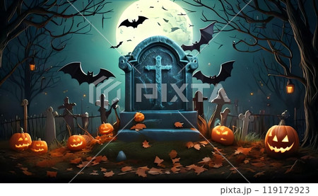 《AI画像》お墓にいるお化けカボチャとコウモリ ハロウィンイメージ 119172923